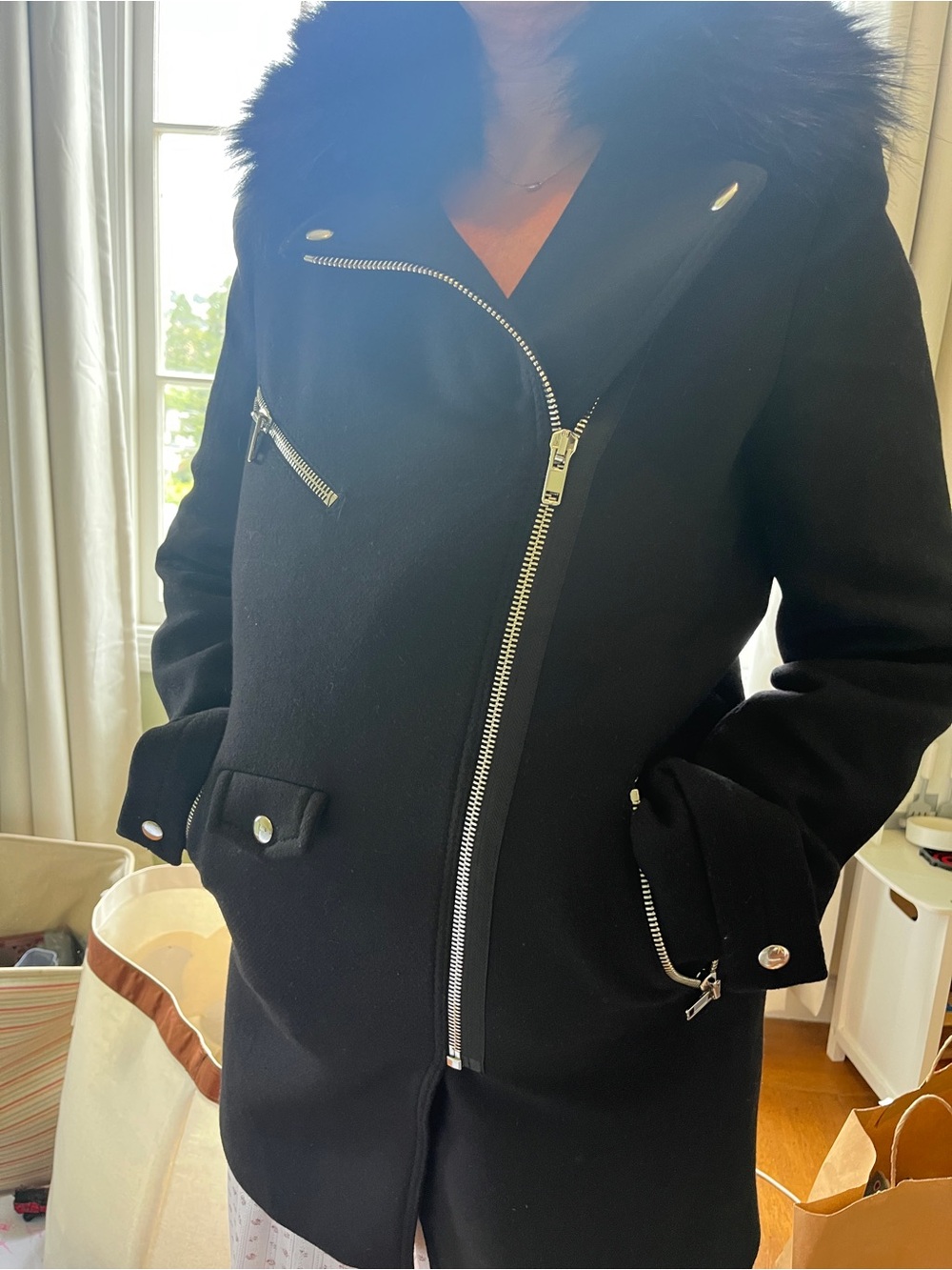 Black Zara Women's Wool Blend Asymmetrical Zip Coat with Faux Fur Collar - NWOT